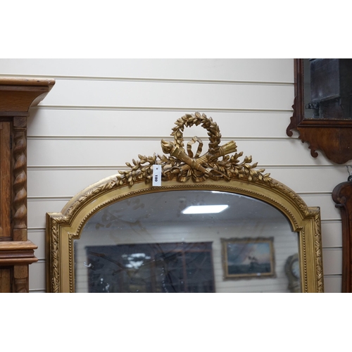 180 - A 19th century French giltwood and gesso overmantel mirror, width 98cm, height 183cm