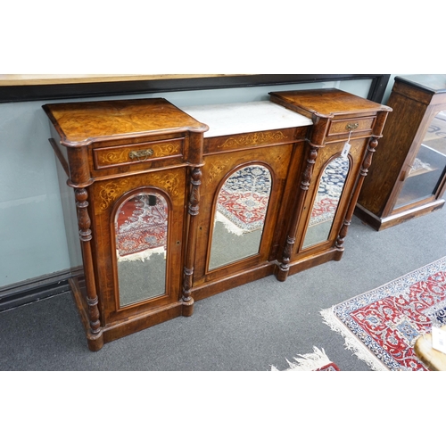 190 - A Victorian inlaid walnut chiffonier with part white marble top, length 154cm, depth 40cm, height 94... 