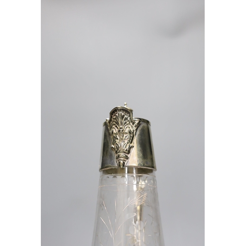 264 - An electroplate mounted cut glass claret jug, 30cm