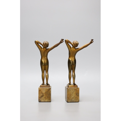 267 - Two early 20th century bronze figures of nude women on marble bases, 21cm