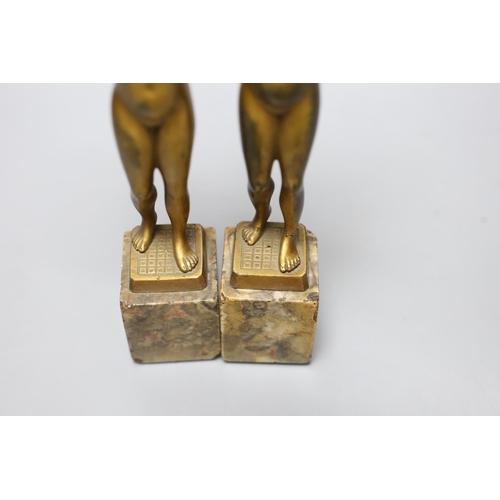 267 - Two early 20th century bronze figures of nude women on marble bases, 21cm