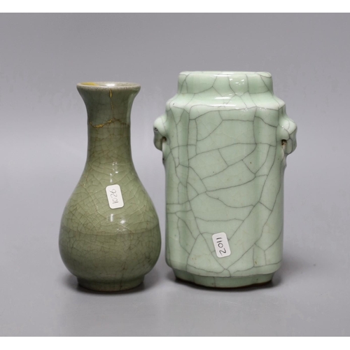 268 - A Chinese celadon bottle vase, and a celadon crackle glaze vase, Yuan-Ming or later, 14cm