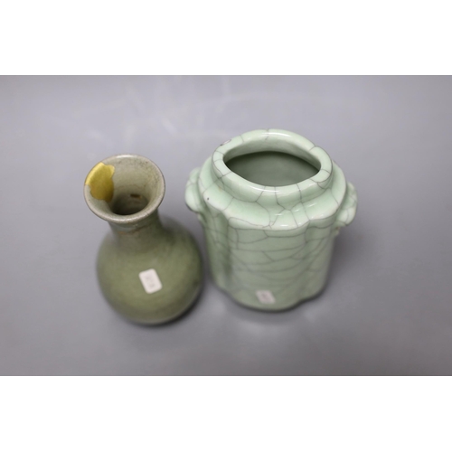 268 - A Chinese celadon bottle vase, and a celadon crackle glaze vase, Yuan-Ming or later, 14cm