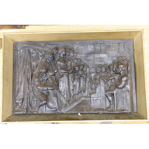 284 - Three assorted cast metal panels together with a carved walnut panel, 39x40cm