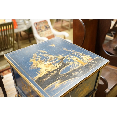 29 - A 1920's square chinoiserie lacquer work box, 36cm, height 53cm