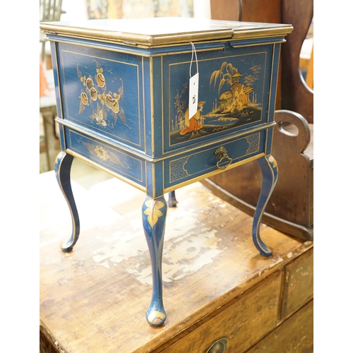 29 - A 1920's square chinoiserie lacquer work box, 36cm, height 53cm