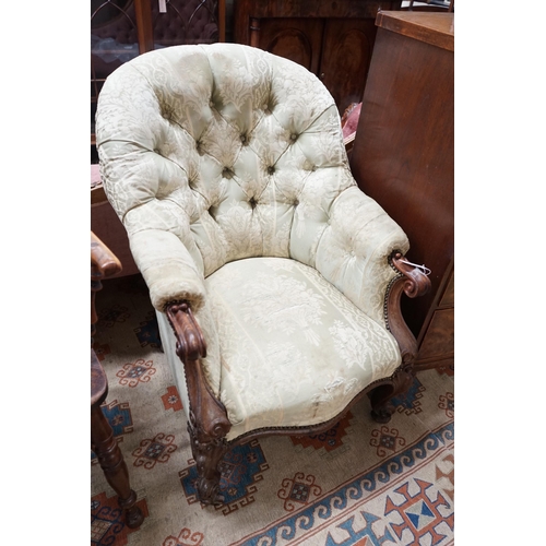 42 - A Victorian rosewood upholstered spoon back armchair, width 66cm, depth 80cm, height 98cm