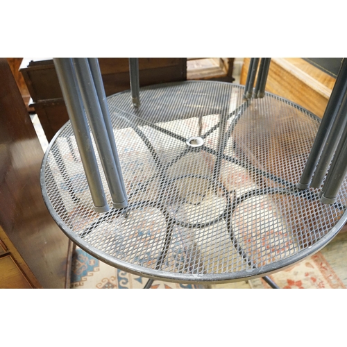 44 - A circular aluminium garden table, diameter 100cm, height 72cm and four matching stacking chairs... 