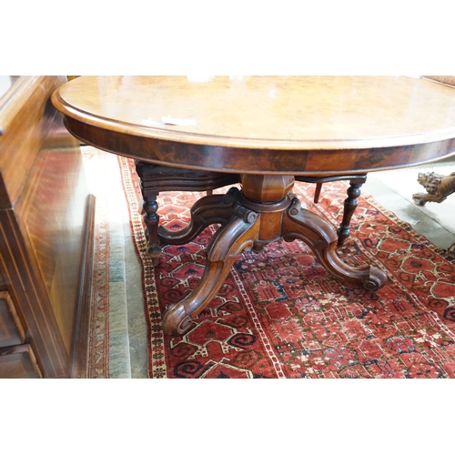 46 - A Victorian burr walnut oval loo table, length 130cm, width 96cm, height 71cm