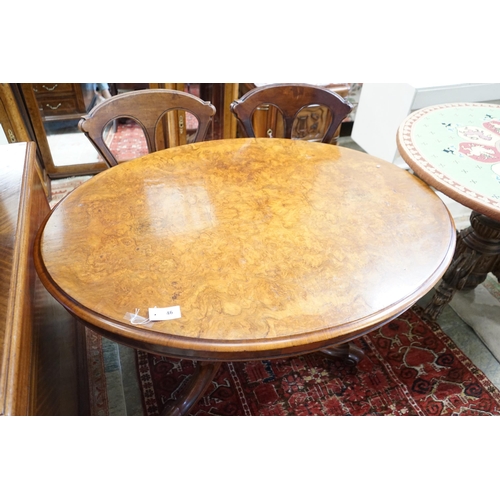 46 - A Victorian burr walnut oval loo table, length 130cm, width 96cm, height 71cm