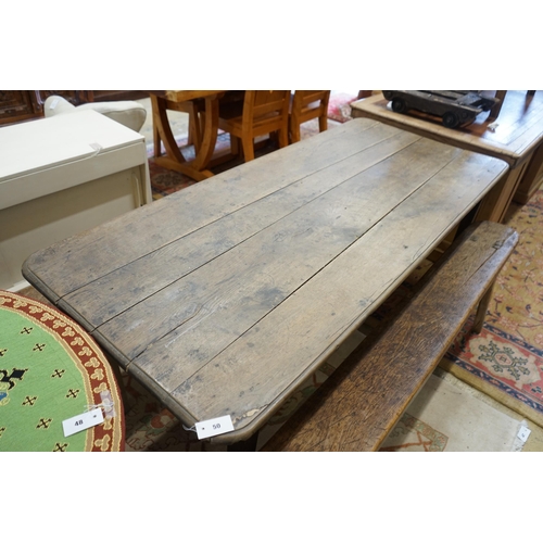 50 - A 19th century rectangular oak kitchen table on square tapered legs, length 196cm, depth 84cm, heigh... 