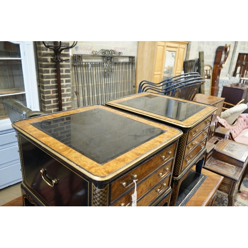 54 - A pair of Drexel chinoiserie decorated, ebonised and pollard oak three drawer tables with glass tops... 