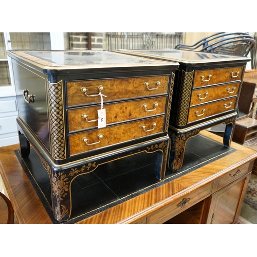 54 - A pair of Drexel chinoiserie decorated, ebonised and pollard oak three drawer tables with glass tops... 