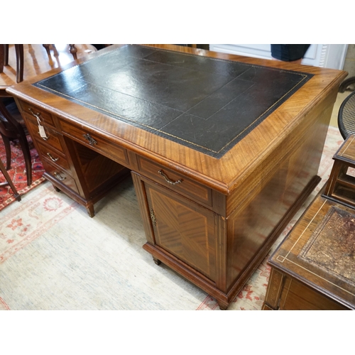 55 - A mid 20th century French satinwood banded mahogany pedestal partner's desk, length 150cm, depth 98c... 