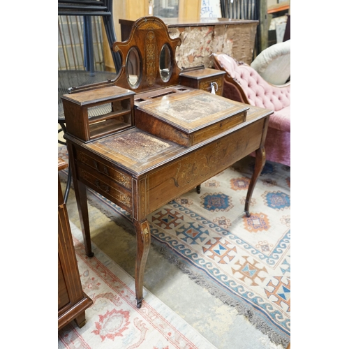 56 - An Edwardian inlaid rosewood writing desk, width 98cm, depth 46cm, height 113cm