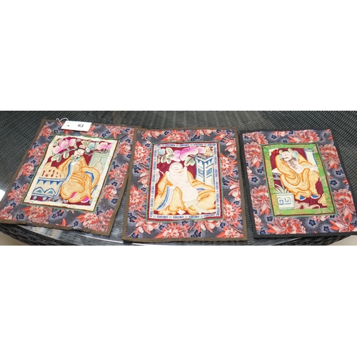 63 - Three Chinese embroidered robe panels, each width 26cm, height 32cm