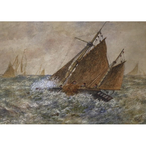 703 - CK, 1897, watercolour, Fishing boat in a rough sea, signed and dated, 17 x 24cm.