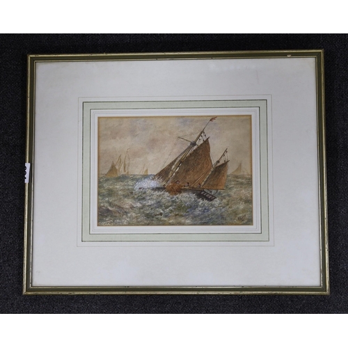 703 - CK, 1897, watercolour, Fishing boat in a rough sea, signed and dated, 17 x 24cm.