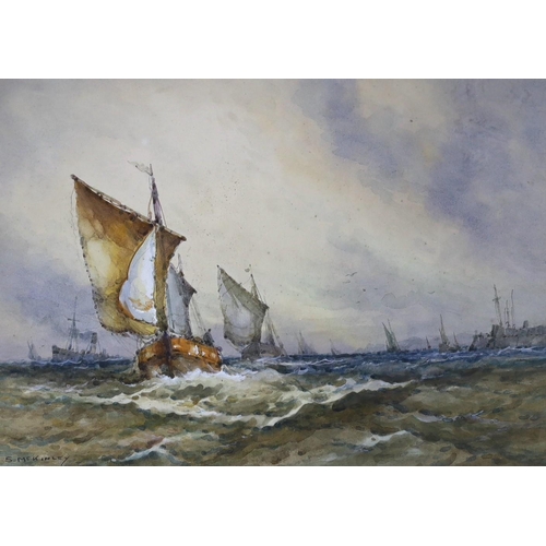 704 - S.McKinley, watercolour, Shipping at sea, signed, 25 x 34cm.