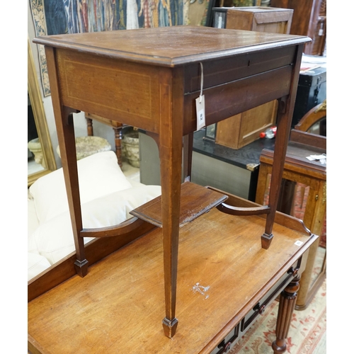 82 - An Edwardian rectangular mahogany hinged top writing table, width 62cm, depth 45cm, height 74cm... 