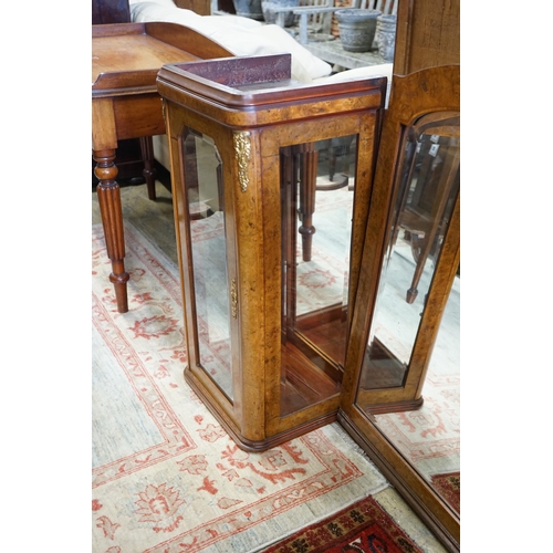 84 - A pair of early 20th French birds eye maple glazed cabinets and central mirror, formerly a cabinet s... 