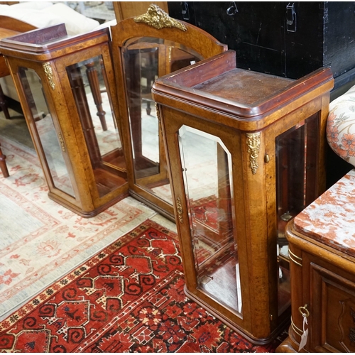 84 - A pair of early 20th French birds eye maple glazed cabinets and central mirror, formerly a cabinet s... 