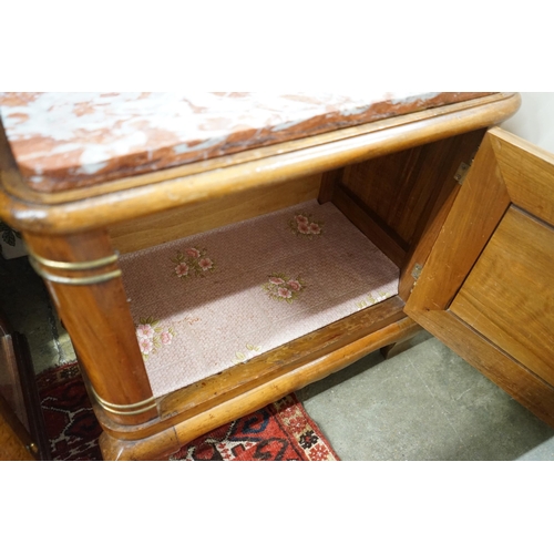 85 - An early 20th century French marble topped carved walnut low cabinet, length 64cm, depth 35cm, heigh... 