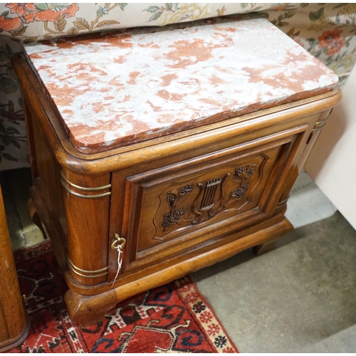 85 - An early 20th century French marble topped carved walnut low cabinet, length 64cm, depth 35cm, heigh... 