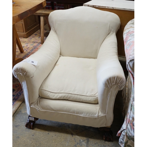 88 - A 1920's upholstered mahogany club armchair on ball and claw feet, width 74cm, depth 86cm, height 75... 