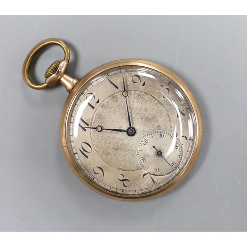 978 - An early 20th century 9K gold keyless pocket watch, with silvered dial and unsigned movement