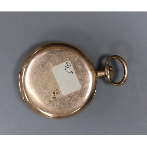 978 - An early 20th century 9K gold keyless pocket watch, with silvered dial and unsigned movement