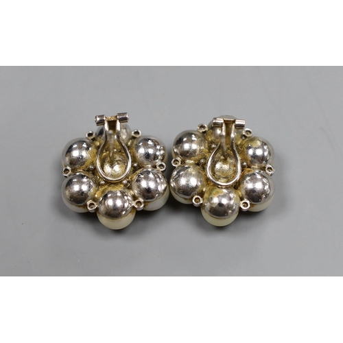 980 - A pair of Indian white metal, cultured pearl and diamond chip cluster earrings, gross 22.7 grams, di... 