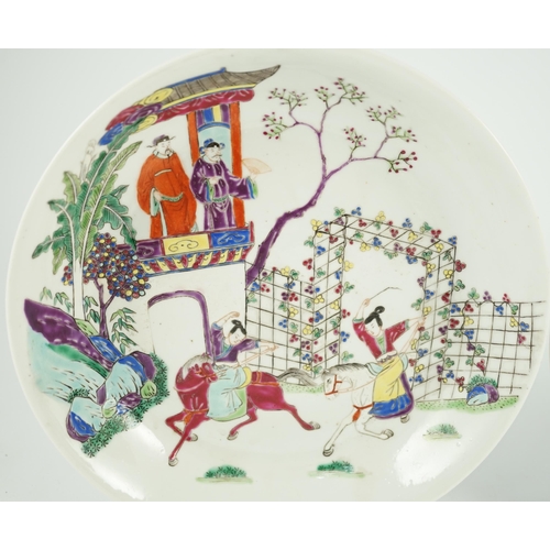 106 - Two Chinese famille rose fencai saucer dishes, Yongzheng marks but 19th century, both painted with t... 