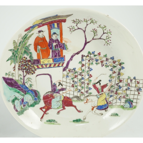 106 - Two Chinese famille rose fencai saucer dishes, Yongzheng marks but 19th century, both painted with t... 