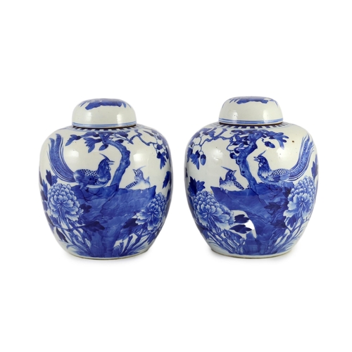 107 - A pair of Chinese blue and white jars and covers, 19th century, each painted with pheasants amid peo... 