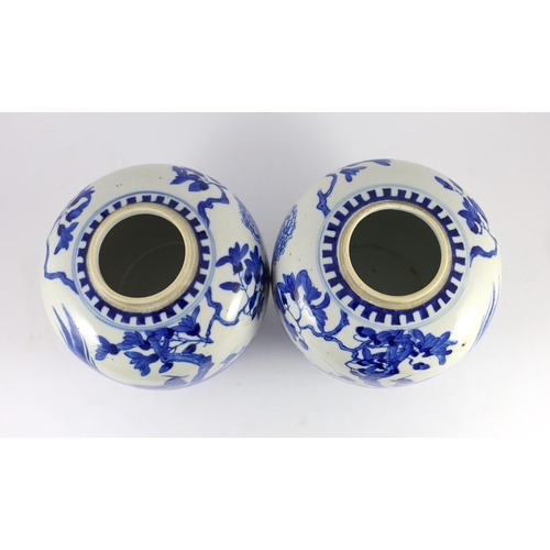 107 - A pair of Chinese blue and white jars and covers, 19th century, each painted with pheasants amid peo... 