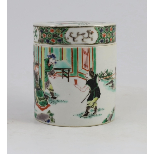 110 - A Chinese famille verte cylindrical jar and cover, 19th century, painted with an emperor and attenda... 