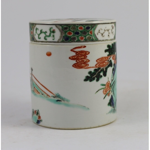 110 - A Chinese famille verte cylindrical jar and cover, 19th century, painted with an emperor and attenda... 