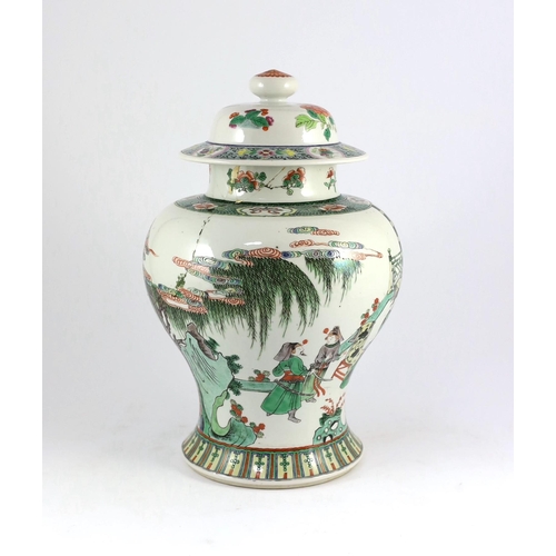 111 - A Chinese famille verte jar and associated cover, 19th century, painted with an imperial court scene... 