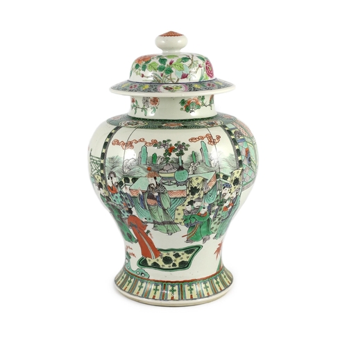 111 - A Chinese famille verte jar and associated cover, 19th century, painted with an imperial court scene... 