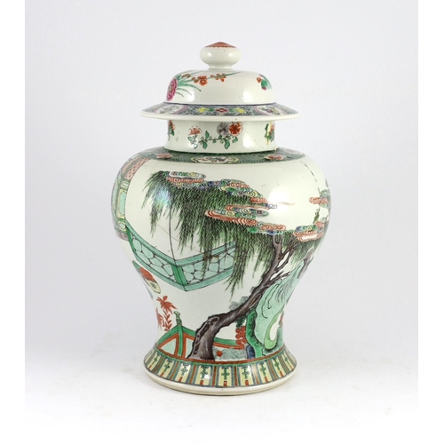 111 - A Chinese famille verte jar and associated cover, 19th century, painted with an imperial court scene... 