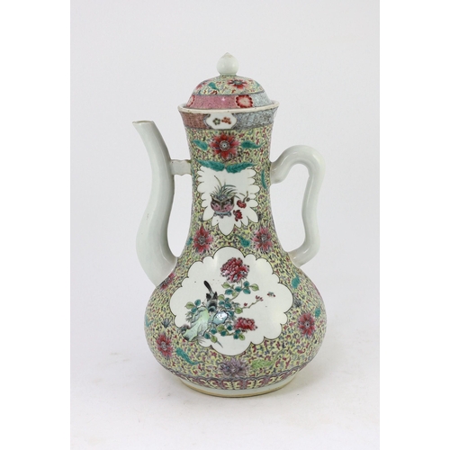 114 - A large and rare Chinese famille rose fencai wine pot and cover, Qianlong mark but 19th century, fin... 