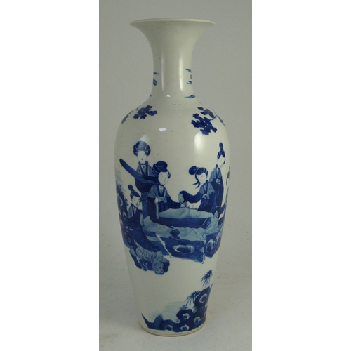 115 - A tall Chinese blue and white ladies vase, laifu zun, 19th century, painted with ladies in a fenced ... 