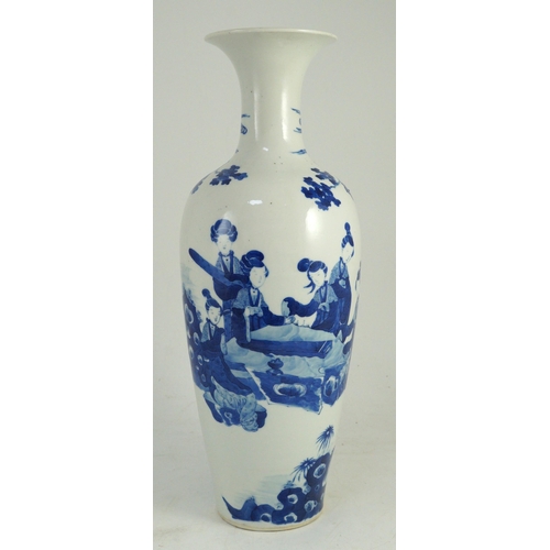 115 - A tall Chinese blue and white ladies vase, laifu zun, 19th century, painted with ladies in a fenced ... 