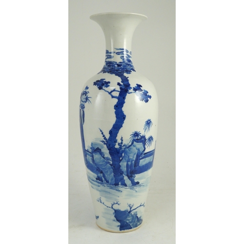 115 - A tall Chinese blue and white ladies vase, laifu zun, 19th century, painted with ladies in a fenced ... 