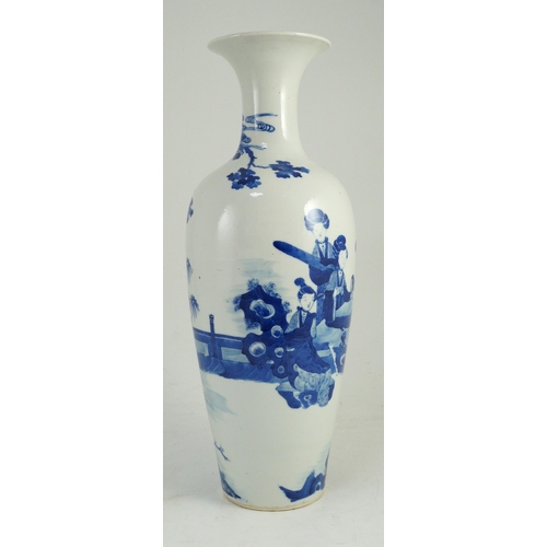 115 - A tall Chinese blue and white ladies vase, laifu zun, 19th century, painted with ladies in a fenced ... 