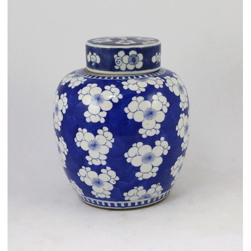 124 - A Chinese blue and white prunus jar and cover, 19th century, of ovoid form, double circle mark to ba... 