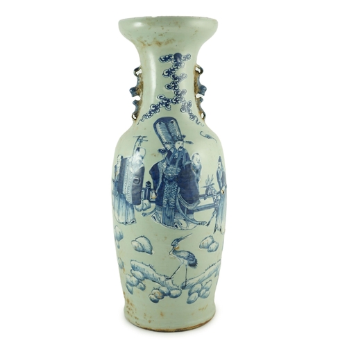 127 - A large Chinese blue and white celadon ground vase, 19th century, painted with the three star gods, ... 