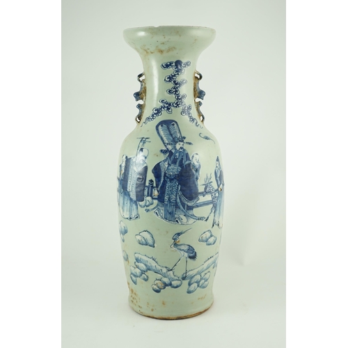 127 - A large Chinese blue and white celadon ground vase, 19th century, painted with the three star gods, ... 