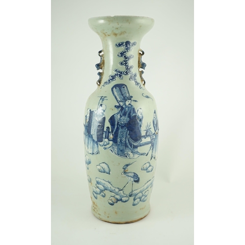 127 - A large Chinese blue and white celadon ground vase, 19th century, painted with the three star gods, ... 